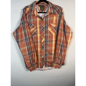 Rodeo West Plaid‎ Pearl Snap Western Shirt Mens 2XL Orange Cowboy Long Sleeve